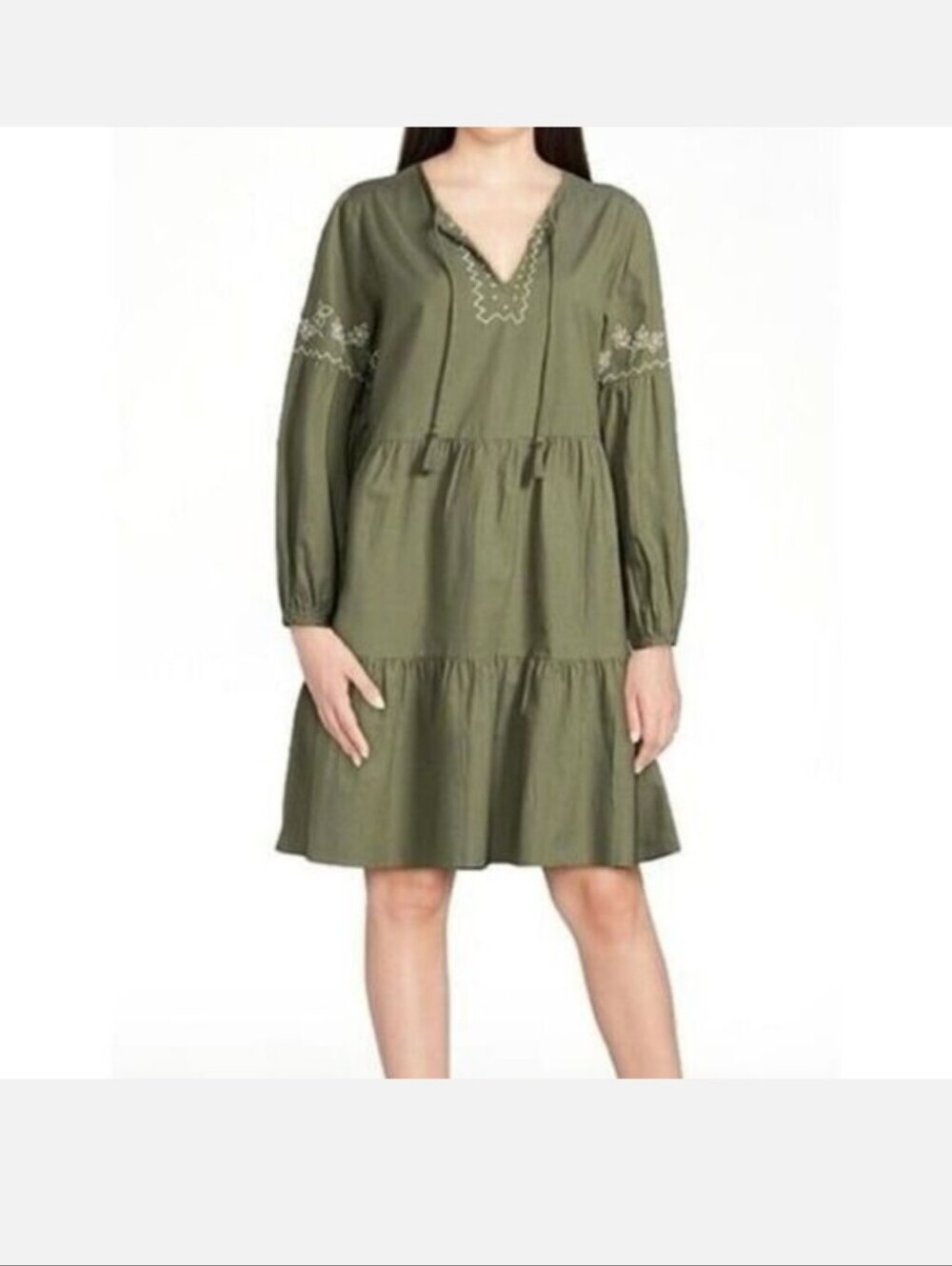 BEACH LUNCH LOUNGE_Annika Olive Green Tiered Embroidered Cottage Dress